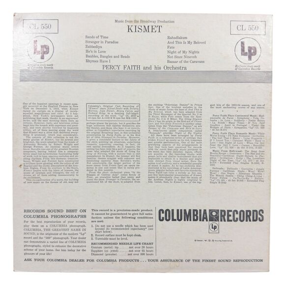 Percy Faith & His Orchestra Kismet 1954 Pop, Stage Columbia CL 550 Vinyl Record - Picture 5 of 5